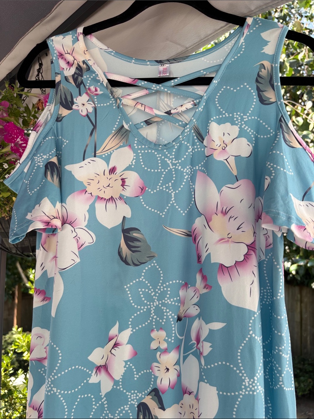 Bluetime Dress Blue Floral Blossom Pattern Cold-Shoulder Crisscross Vneck Medium - Picture 5 of 5